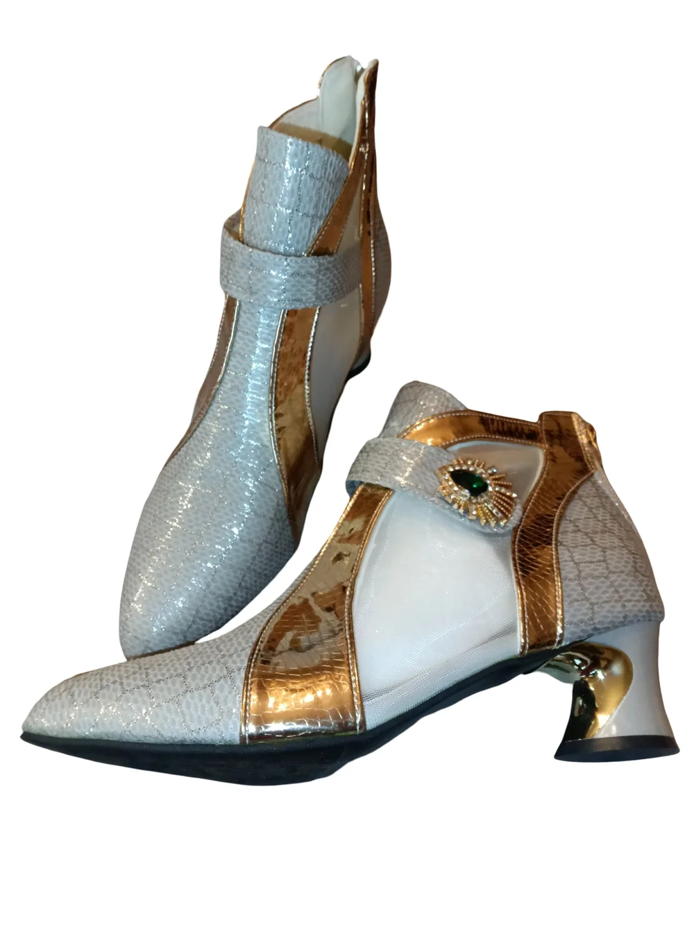 White and Gold Women's Dress Heels with Decorative Jewel Accent